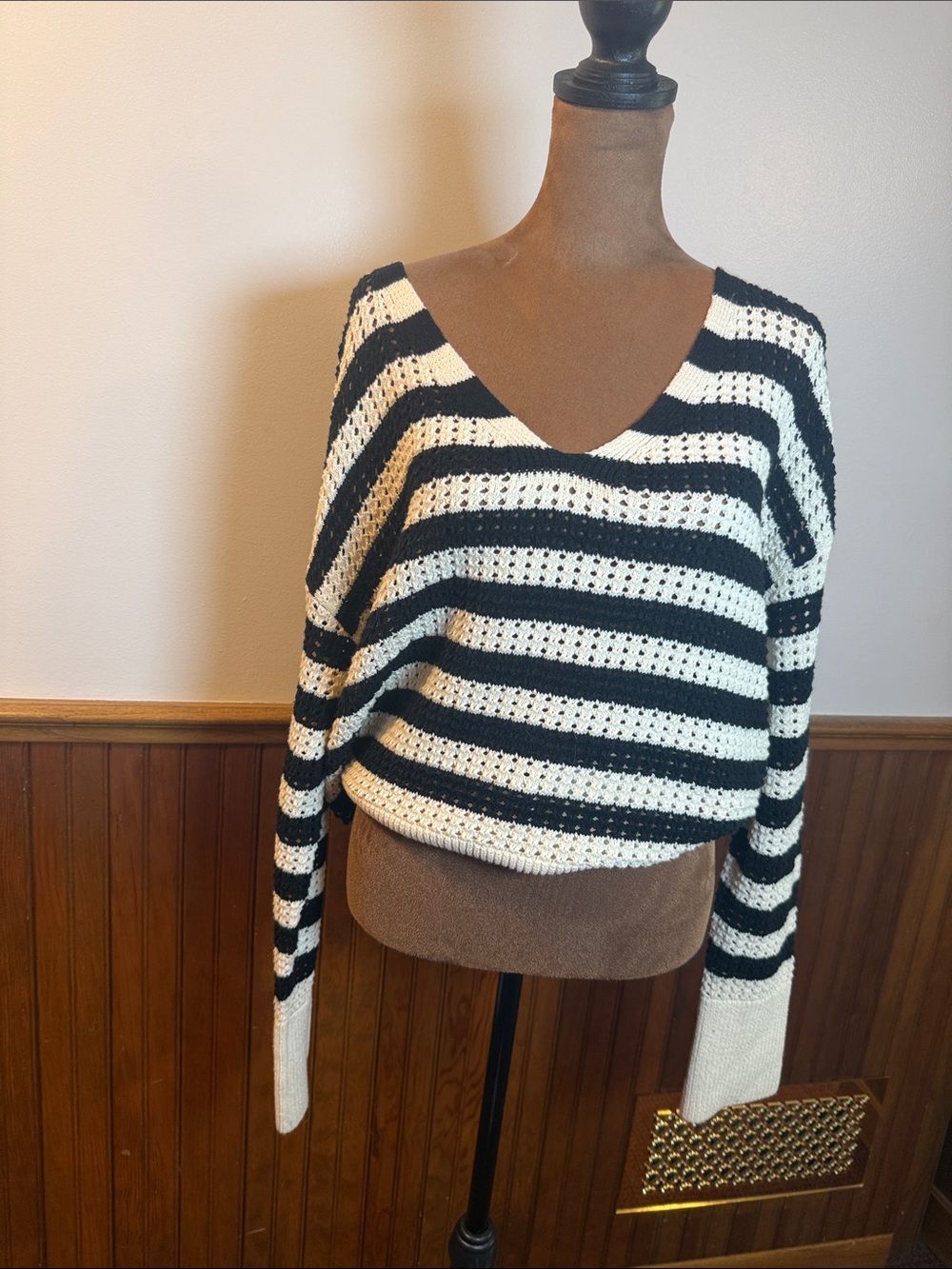 Express Black and Cream Striped V-Neck Sweater